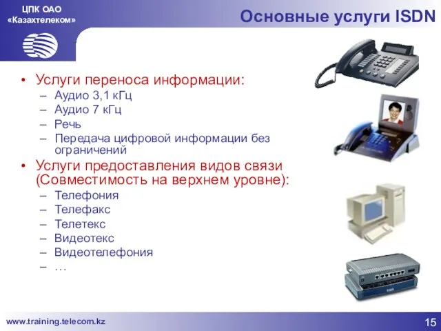 ЦПК ОАО «Казахтелеком» Основные услуги ISDN Услуги переноса информации: Аудио 3,1 кГц