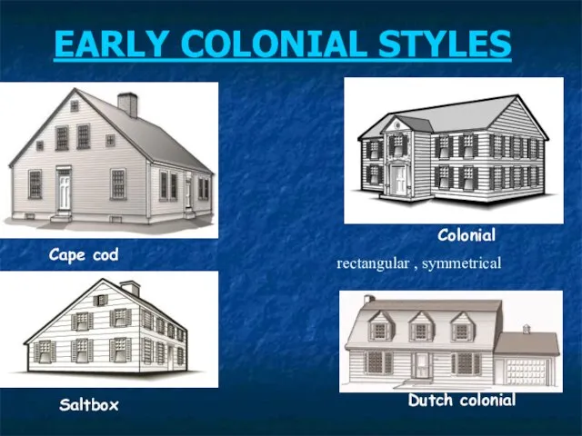 EARLY COLONIAL STYLES Cape cod Saltbox Dutch colonial Colonial rectangular , symmetrical