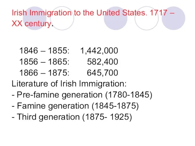 Irish Immigration to the United States. 1717 – XX century. 1846 –