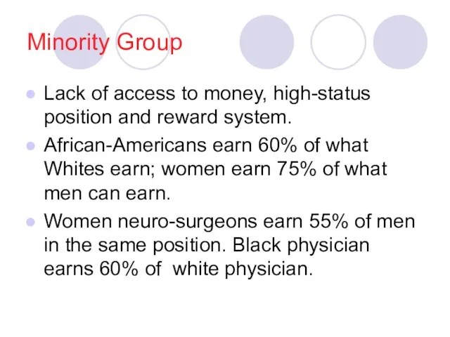 Minority Group Lack of access to money, high-status position and reward system.