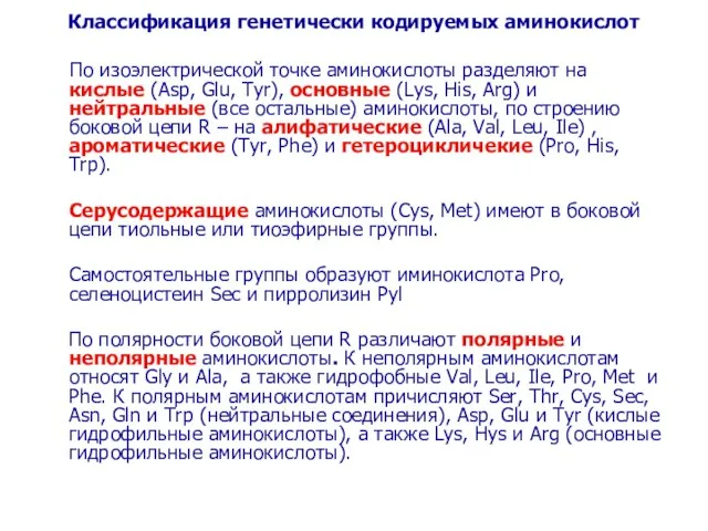 Классификация генетически кодируемых аминокислот По изоэлектрической точке аминокислоты разделяют на кислые (Asp,