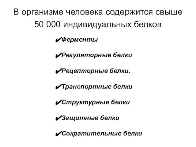 В организме человека содержится свыше 50 000 индивидуальных белков Ферменты Регуляторные белки