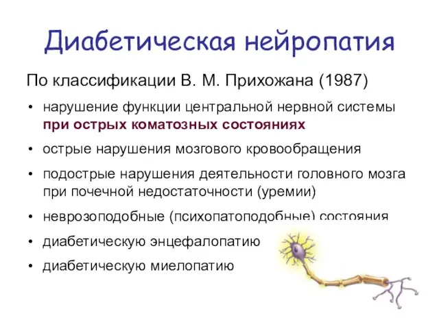 Диабетическая нейропатия По классификации В. М. Прихожана (1987) нарушение функции центральной нервной