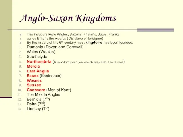 Anglo-Saxon Kingdoms The invaders were Angles, Saxons, Frisians, Jutes, Franks called Britons