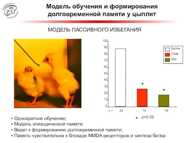 Модель обучения и формирования долговременной памяти у цыплят МОДЕЛЬ ПАССИВНОГО ИЗБЕГАНИЯ Однократное