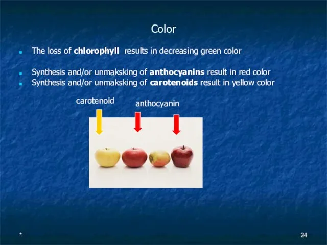 Color The loss of chlorophyll results in decreasing green color Synthesis and/or