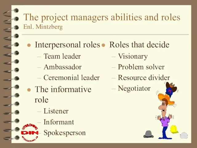 The project managers abilities and roles Enl. Mintzberg Interpersonal roles Team leader