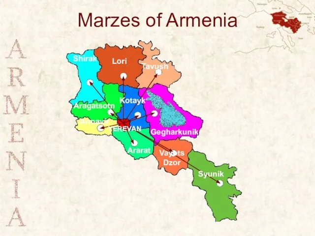 Marzes of Armenia Kotayk Lori Shirak Tavush Aragatsotn Armavir Ararat VayotsDzor Syunik Gegharkunik YEREVAN