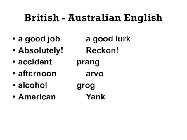 British - Australian English a good job a good lurk Absolutely! Reckon!