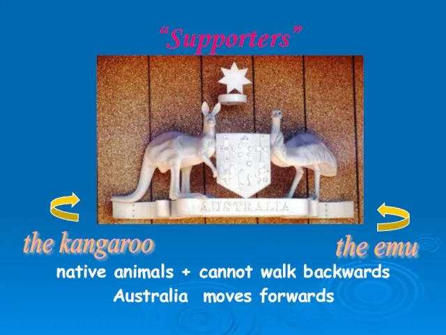 “Supporters” native animals + cannot walk backwards Australia moves forwards the kangaroo the emu