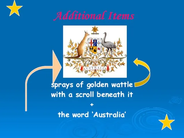 Additional Items sprays of golden wattle with a scroll beneath it + the word ‘Australia’