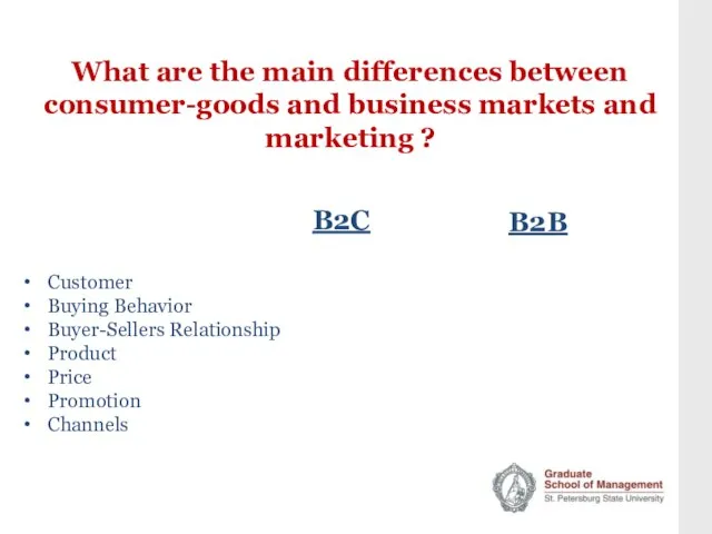 What are the main differences between consumer-goods and business markets and marketing