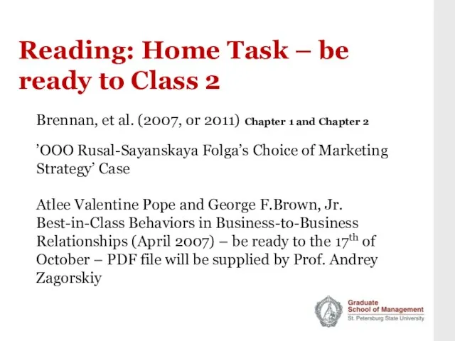 Reading: Home Task – be ready to Class 2 Brennan, et al.