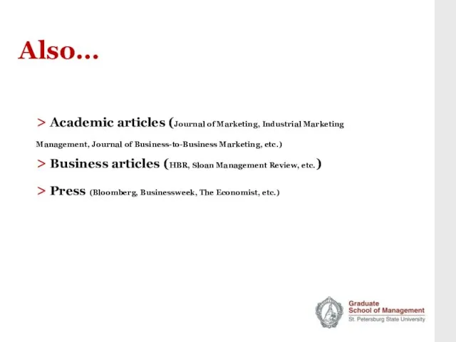 Also… > Academic articles (Journal of Marketing, Industrial Marketing Management, Journal of