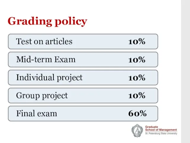 Grading policy Test on articles Mid-term Exam Individual project Group project Final