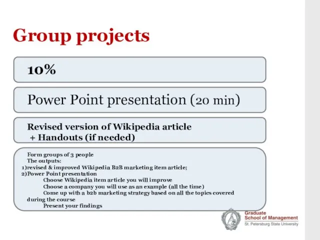 Group projects Power Point presentation (20 min) Revised version of Wikipedia article