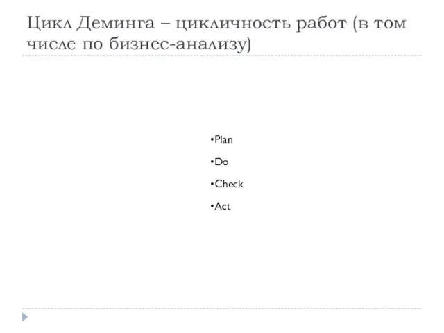 Цикл Деминга – цикличность работ (в том числе по бизнес-анализу) Plan Do Check Act