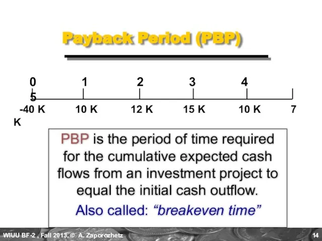 Payback Period (PBP) PBP is the period of time required for the