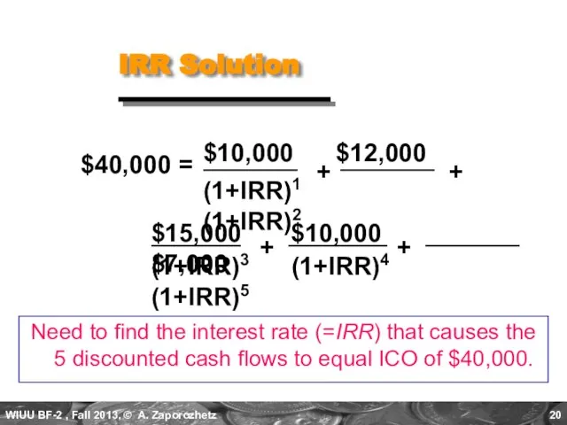 $15,000 $10,000 $7,000 IRR Solution $10,000 $12,000 (1+IRR)1 (1+IRR)2 Need to find