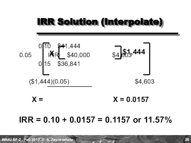 0.10 $41,444 0.05 IRR $40,000 $4,603 0.15 $36,841 ($1,444)(0.05) $4,603 IRR Solution