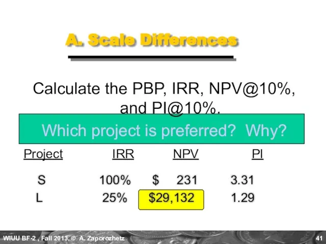 A. Scale Differences Calculate the PBP, IRR, NPV@10%, and PI@10%. Which project