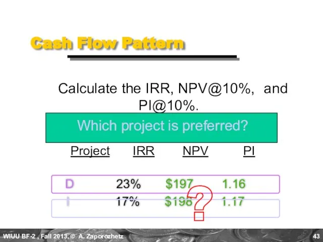 D 23% $197 1.16 I 17% $198 1.17 Cash Flow Pattern Calculate