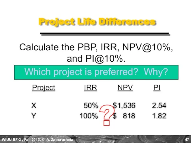 X 50% $1,536 2.54 Y 100% $ 818 1.82 Project Life Differences