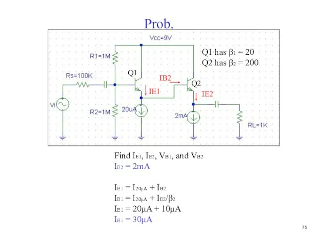 Prob. Find IE1, IE2, VB1, and VB2 IE2 = 2mA IE1 =