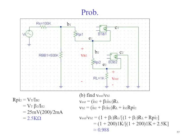 Prob. (b) find vout/vb2 vout = (ib2 + β2ib2)RL vb2 = (ib2