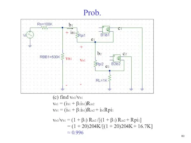 Prob. (c) find ve1/vb1 ve1 = (ib1 + β1ib1)Rin2 vb1 = (ib1