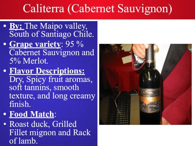 Caliterra (Cabernet Sauvignon) By: The Maipo valley, South of Santiago Chile. Grape