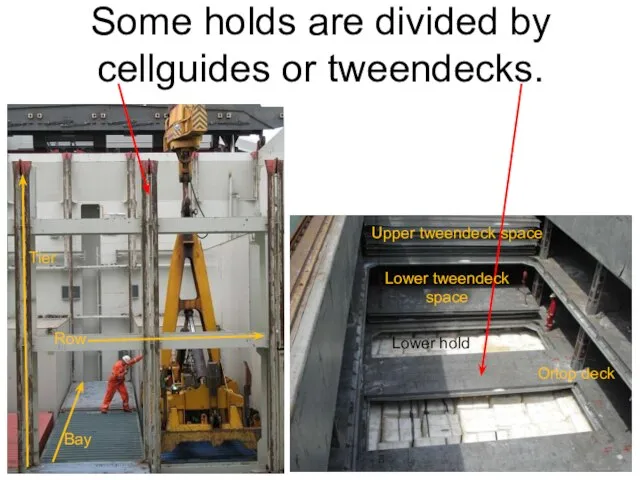 Some holds are divided by cellguides or tweendecks. Row Bay Tier Lower