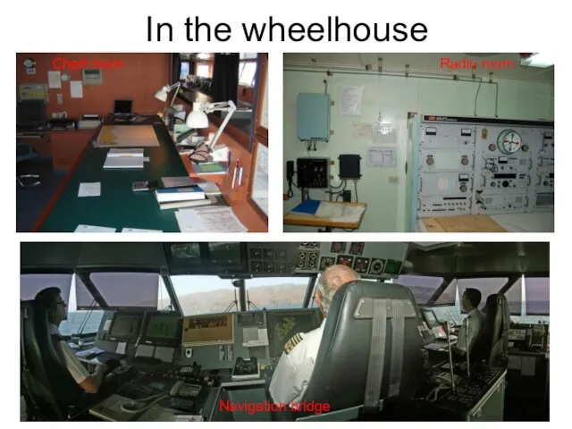 In the wheelhouse Chart room Radio room Navigation bridge