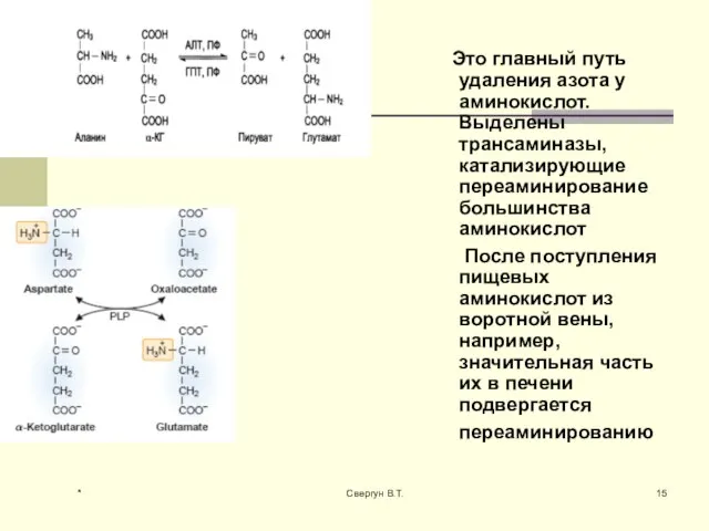 Это главный путь удаления азота у аминокислот. Выделены трансаминазы, катализирующие переаминирование большинства