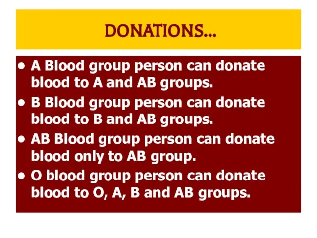 DONATIONS… A Blood group person can donate blood to A and AB