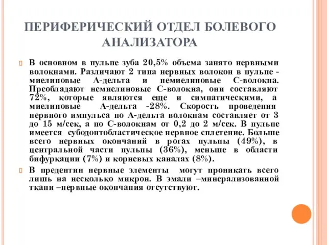 ПЕРИФЕРИЧЕСКИЙ ОТДЕЛ БОЛЕВОГО АНАЛИЗАТОРА В основном в пульпе зуба 20,5% объема занято