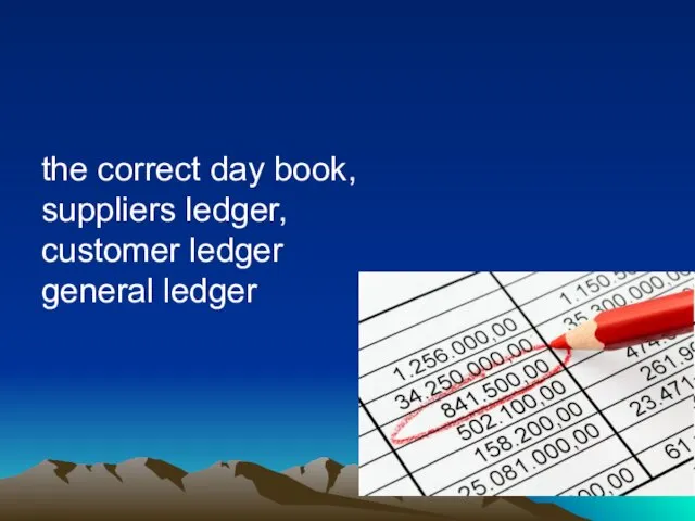 the correct day book, suppliers ledger, customer ledger general ledger