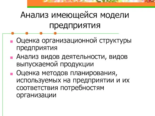 Анализ имеющейся модели предприятия Оценка организационной структуры предприятия Анализ видов деятельности, видов