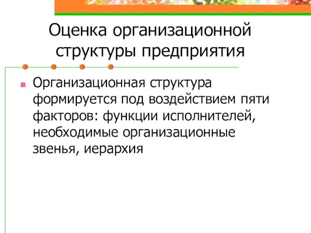 Оценка организационной структуры предприятия Организационная структура формируется под воздействием пяти факторов: функции