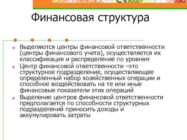 Финансовая структура Выделяются центры финансовой ответственности(центры финансового учета), осуществляется их классификация и