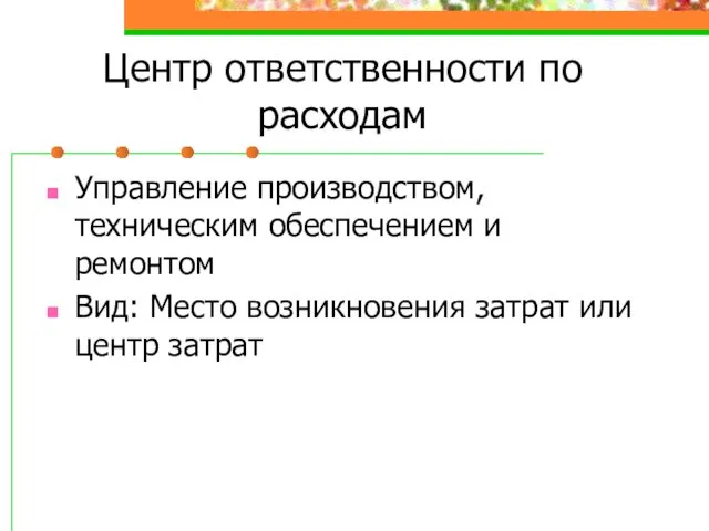 Центр ответственности по расходам Управление производством, техническим обеспечением и ремонтом Вид: Место