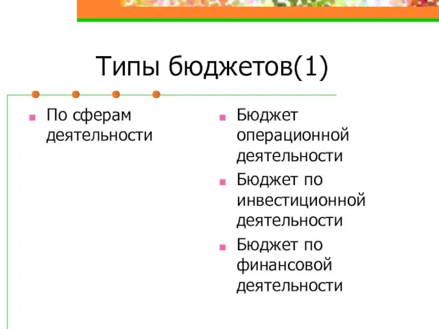 Типы бюджетов(1) По сферам деятельности Бюджет операционной деятельности Бюджет по инвестиционной деятельности Бюджет по финансовой деятельности