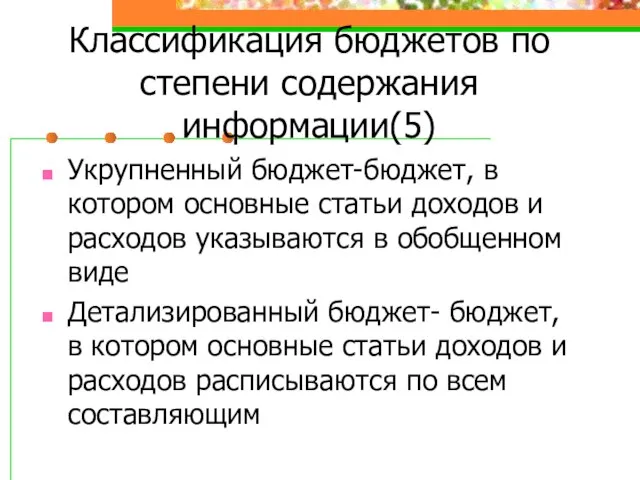 Классификация бюджетов по степени содержания информации(5) Укрупненный бюджет-бюджет, в котором основные статьи