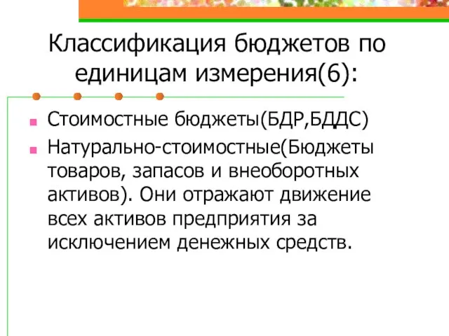 Классификация бюджетов по единицам измерения(6): Стоимостные бюджеты(БДР,БДДС) Натурально-стоимостные(Бюджеты товаров, запасов и внеоборотных