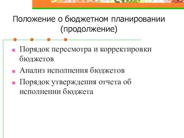 Положение о бюджетном планировании (продолжение) Порядок пересмотра и корректировки бюджетов Анализ исполнения