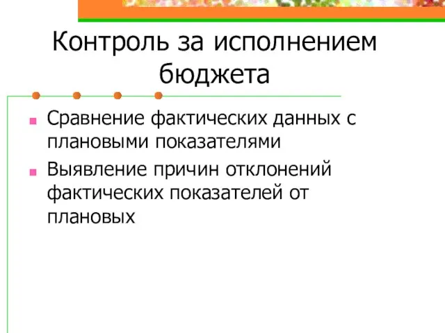 Контроль за исполнением бюджета Сравнение фактических данных с плановыми показателями Выявление причин