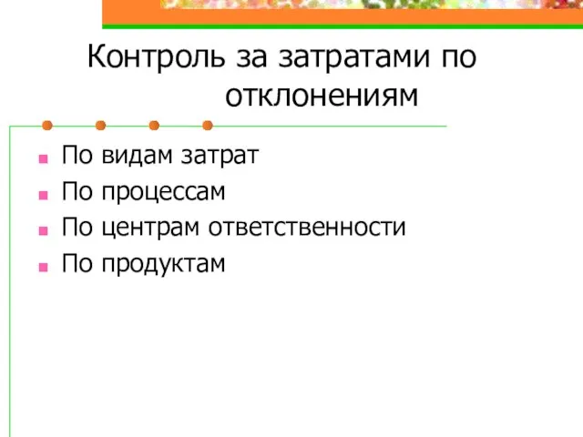 Контроль за затратами по отклонениям По видам затрат По процессам По центрам ответственности По продуктам