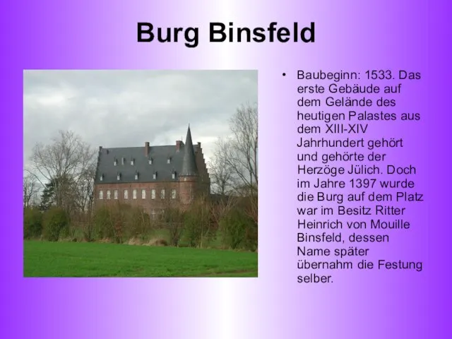 Burg Binsfeld Baubeginn: 1533. Das erste Gebäude auf dem Gelände des heutigen