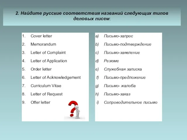 2. Найдите русские соответствия названий следующих типов деловых писем: Cover letter Memorandum