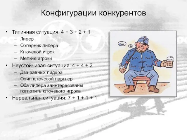 Конфигурации конкурентов Типичная ситуация: 4 + 3 + 2 + 1 Лидер